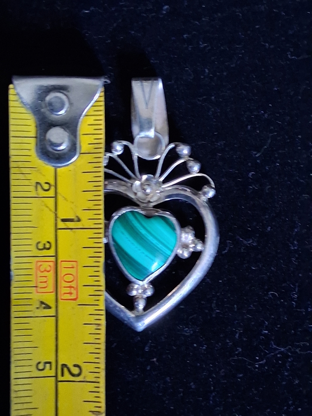 Vintage Sterling Silver Malachite Heart Pendant Boho Ornate Statement Charm - Picture 5 of 5